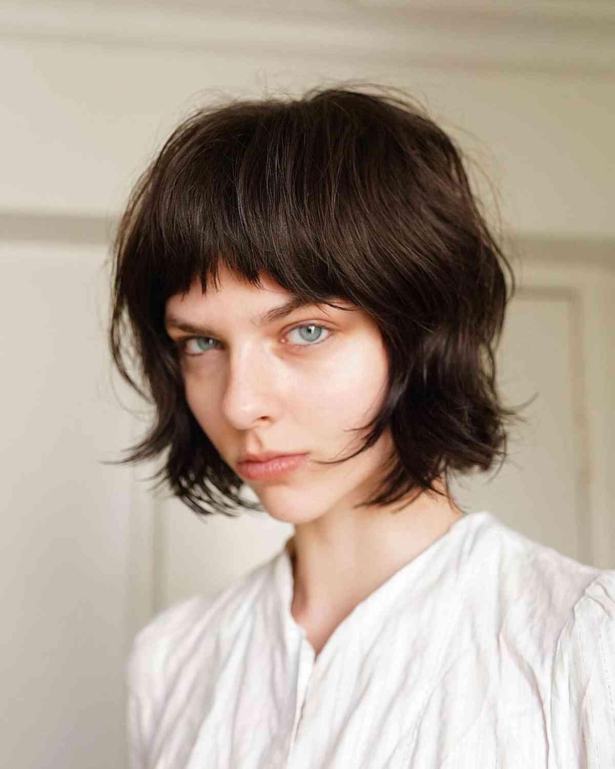 Choppy bob gender neutral haircut with micro bangs and textured layers
