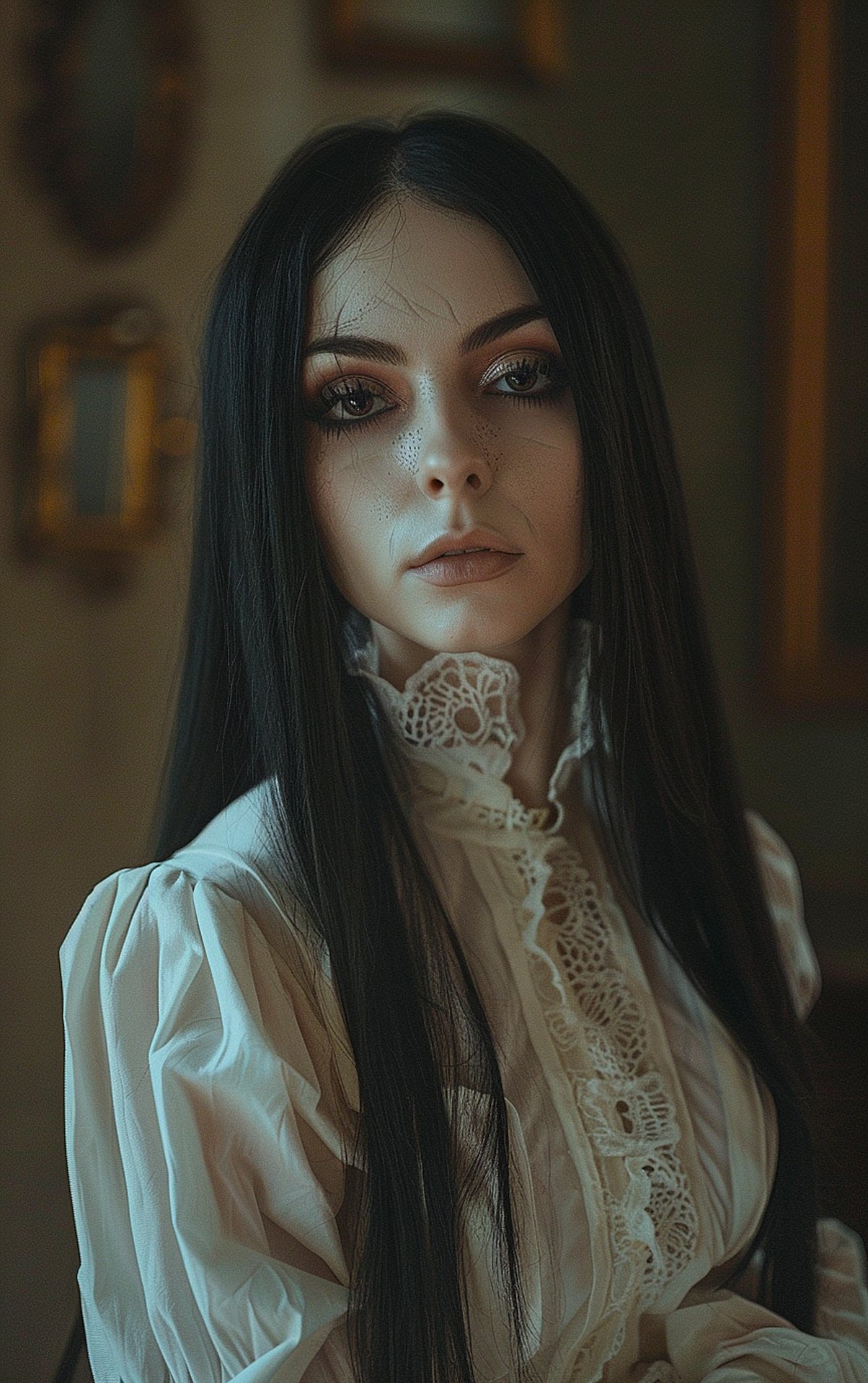 Spooky ghost Halloween hairstyle with long black straight hair