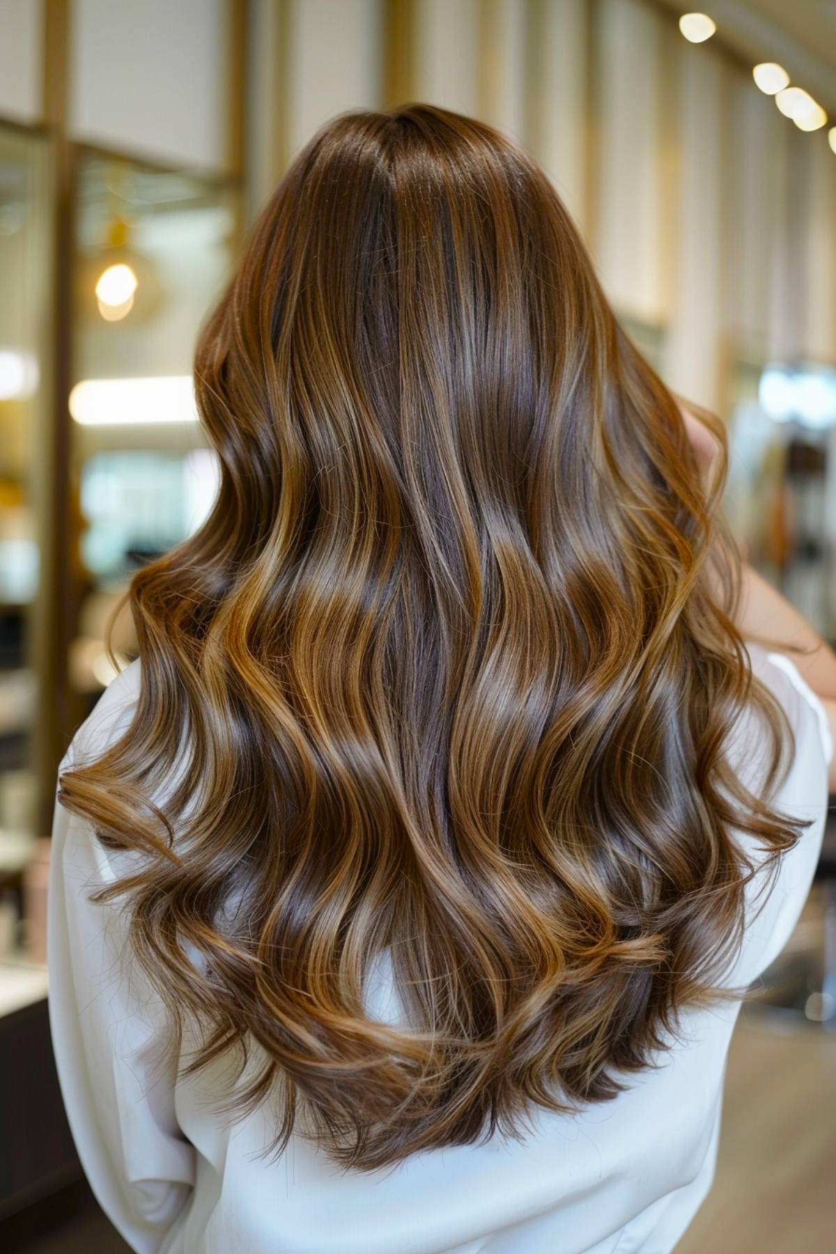 Deep brown hair with warm gold and bronze highlights, adding a natural, radiant shine