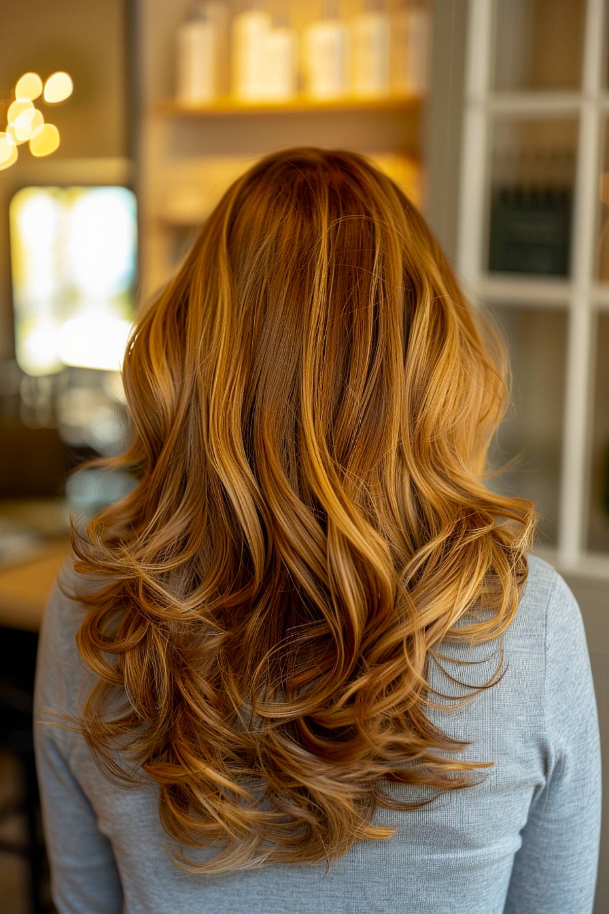 Golden blonde voluminous curls with warm tones