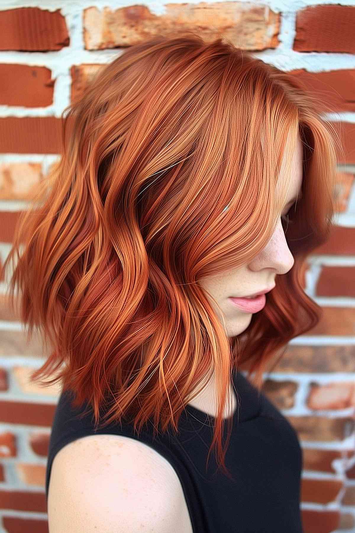 Medium-length ginger beer copper hair with textured waves