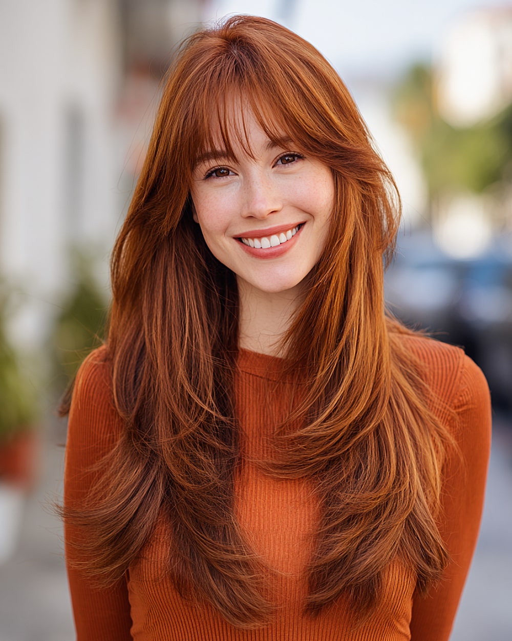 Long layered ginger red hairstyle with wispy bangs and smooth, sweeping layers