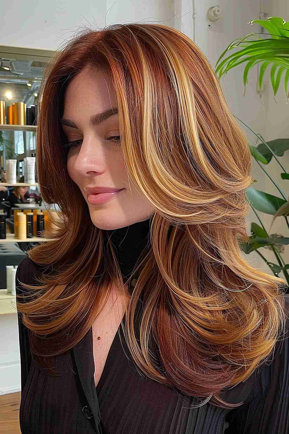 Medium-length ginger hair with chunky blonde stripes and soft layers