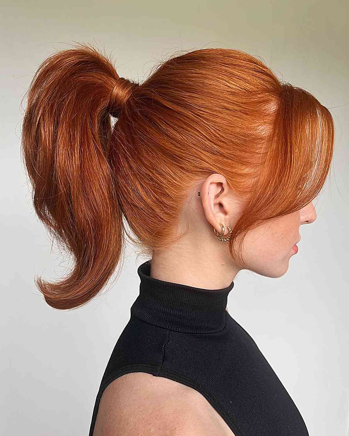 Mid-length Ginger Sleek Ponytail with Side Bangs