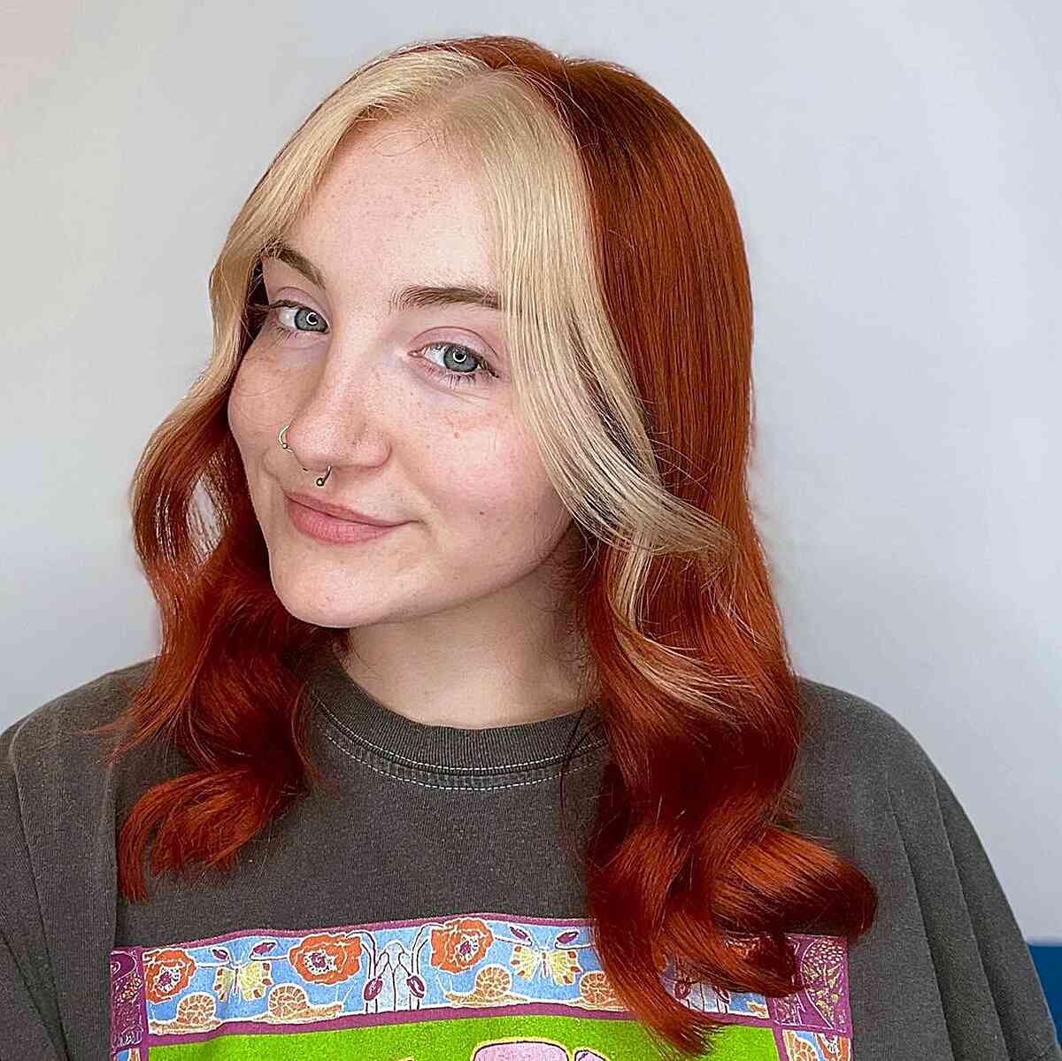 Medium Ginger Spice Hair Color with Y2K Bleached Bangs