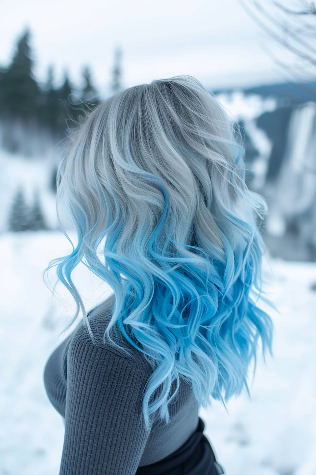 Silver to blue ombré hair with curls