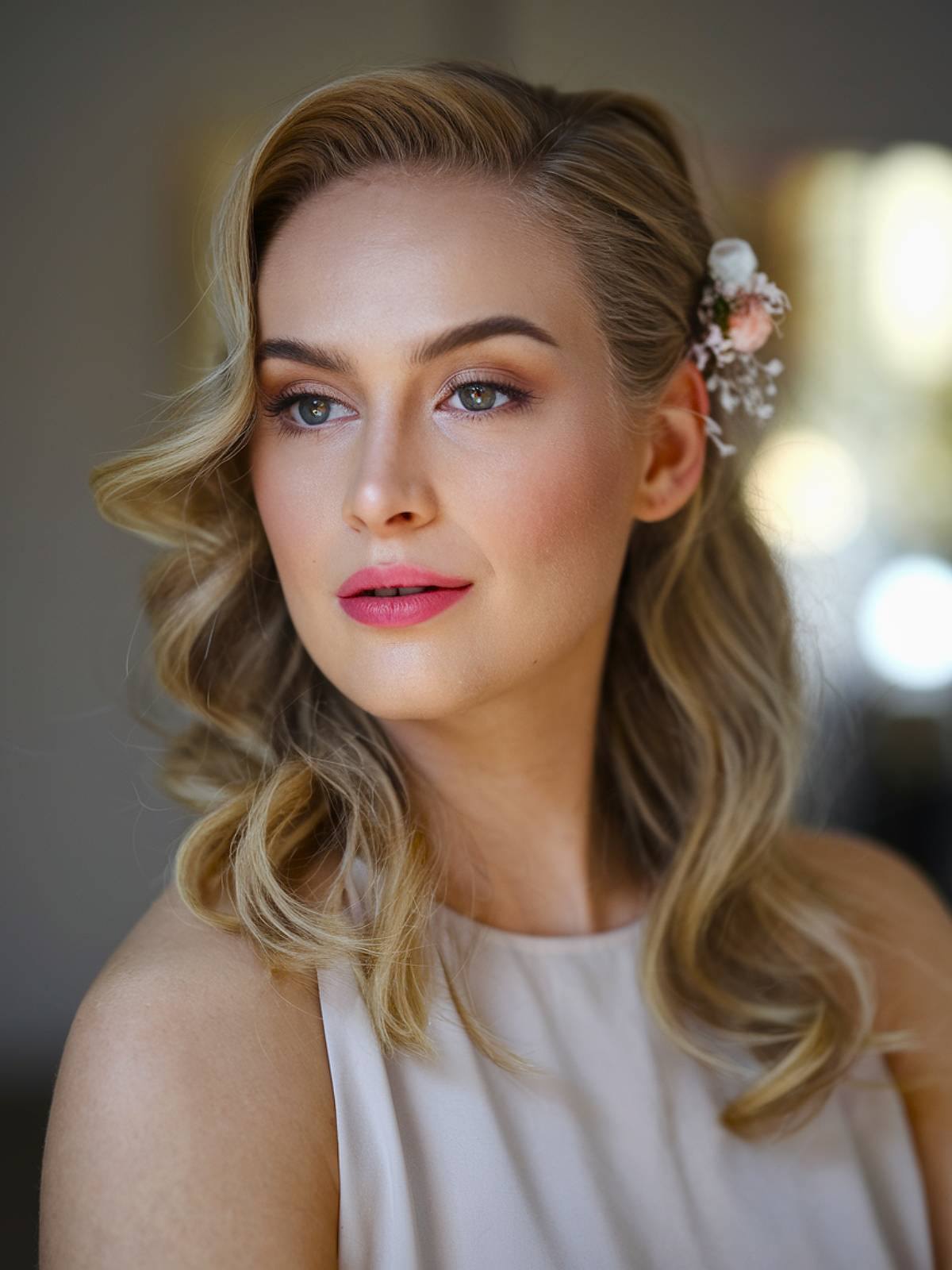 Soft, side-swept waves with a delicate floral hair accessory, perfect for mid-length hair