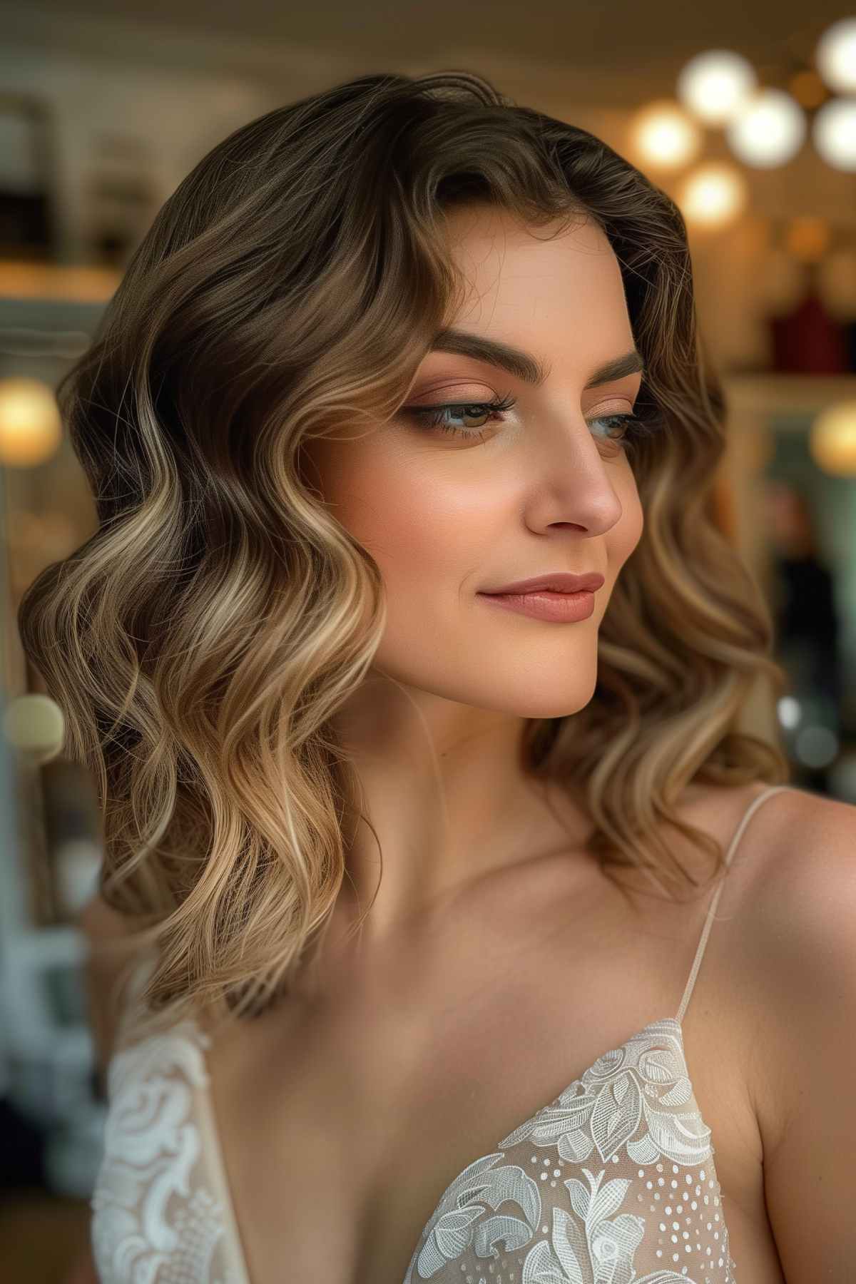 Close-up of a woman with glamorous, voluminous curls, perfect for enhancing any special occasion look.