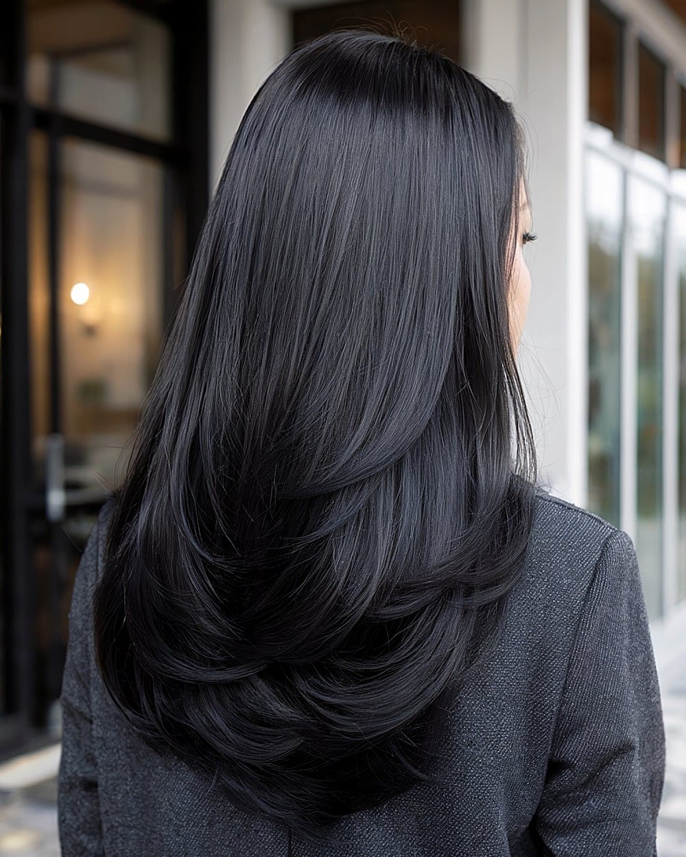 Glass hair effect on long black hair with soft layered ends and high shine