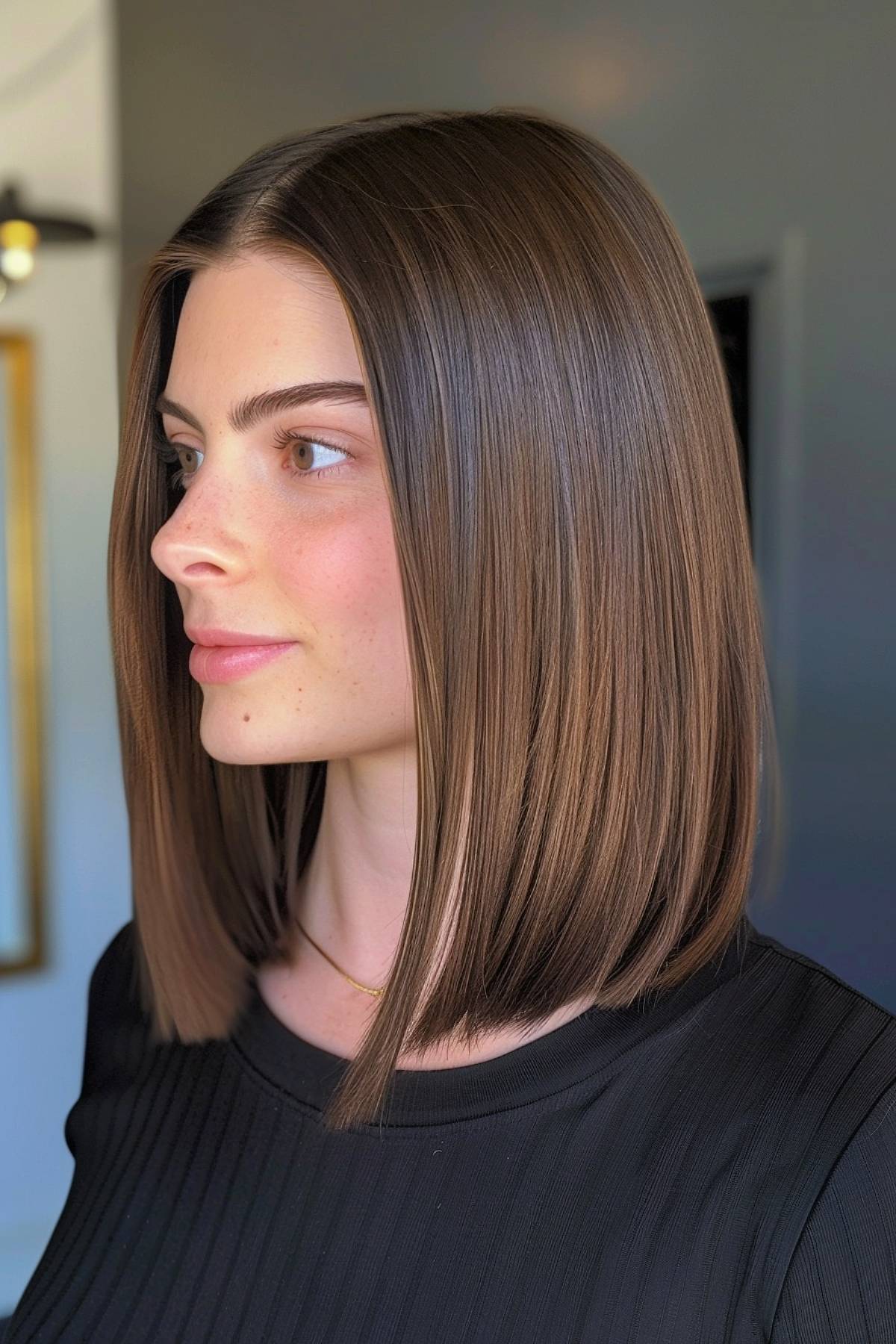 Sleek lob with glossy finish for fine hair