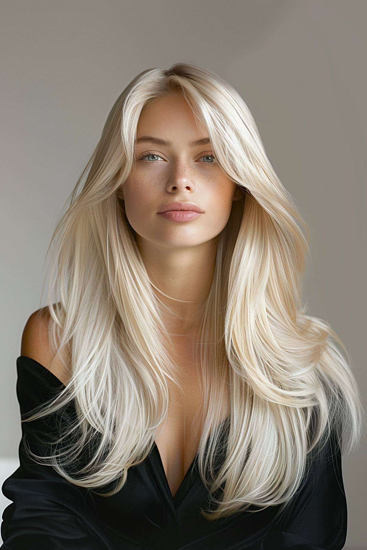 Platinum blonde long layers with curtain bangs