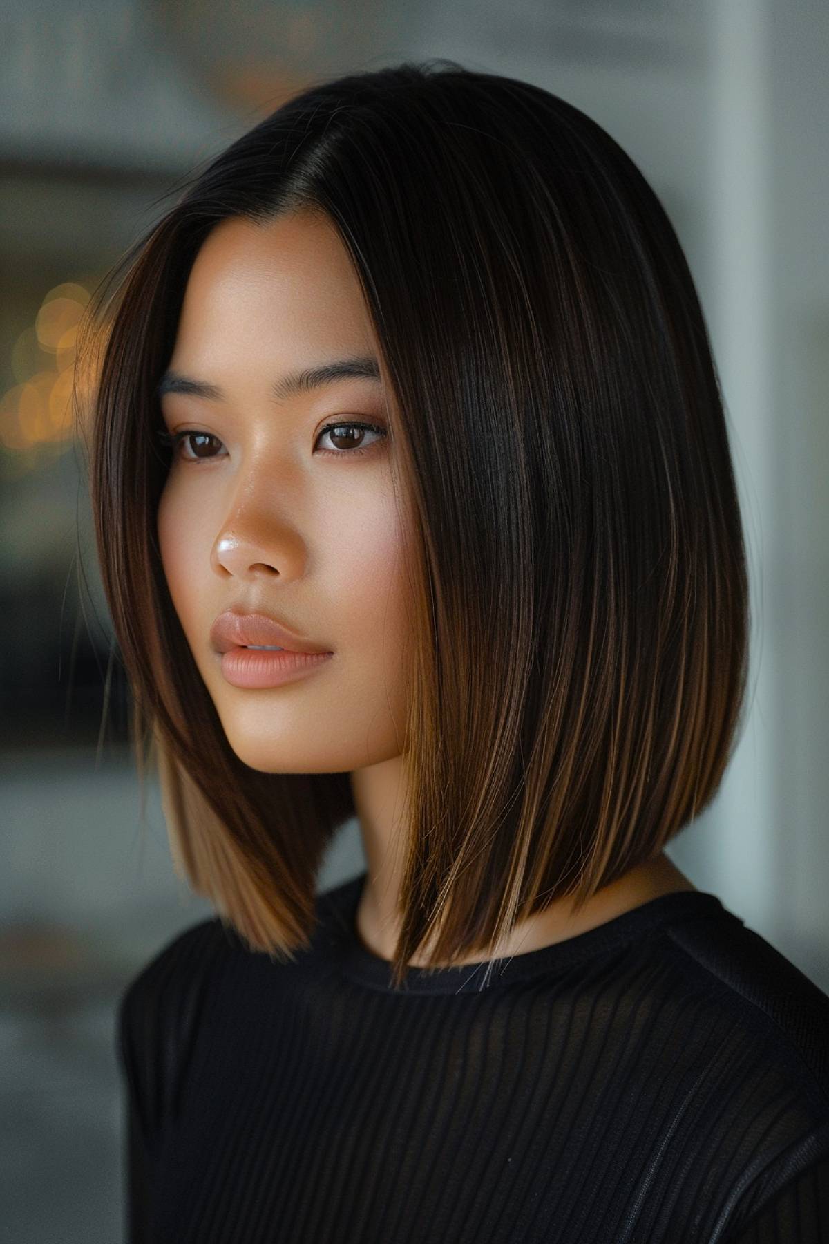 Glidelock haircut featuring a collarbone-length blunt cut with a subtle ombre from dark roots to caramel tips