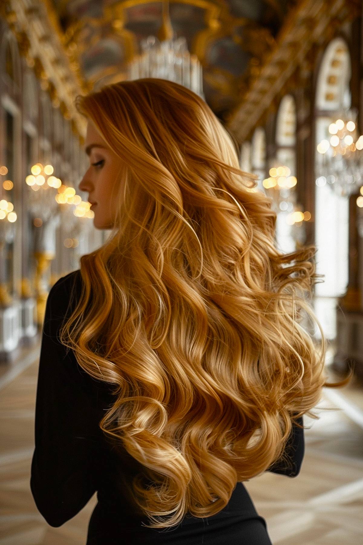 Golden caramel waves with a luminous shine for long hair