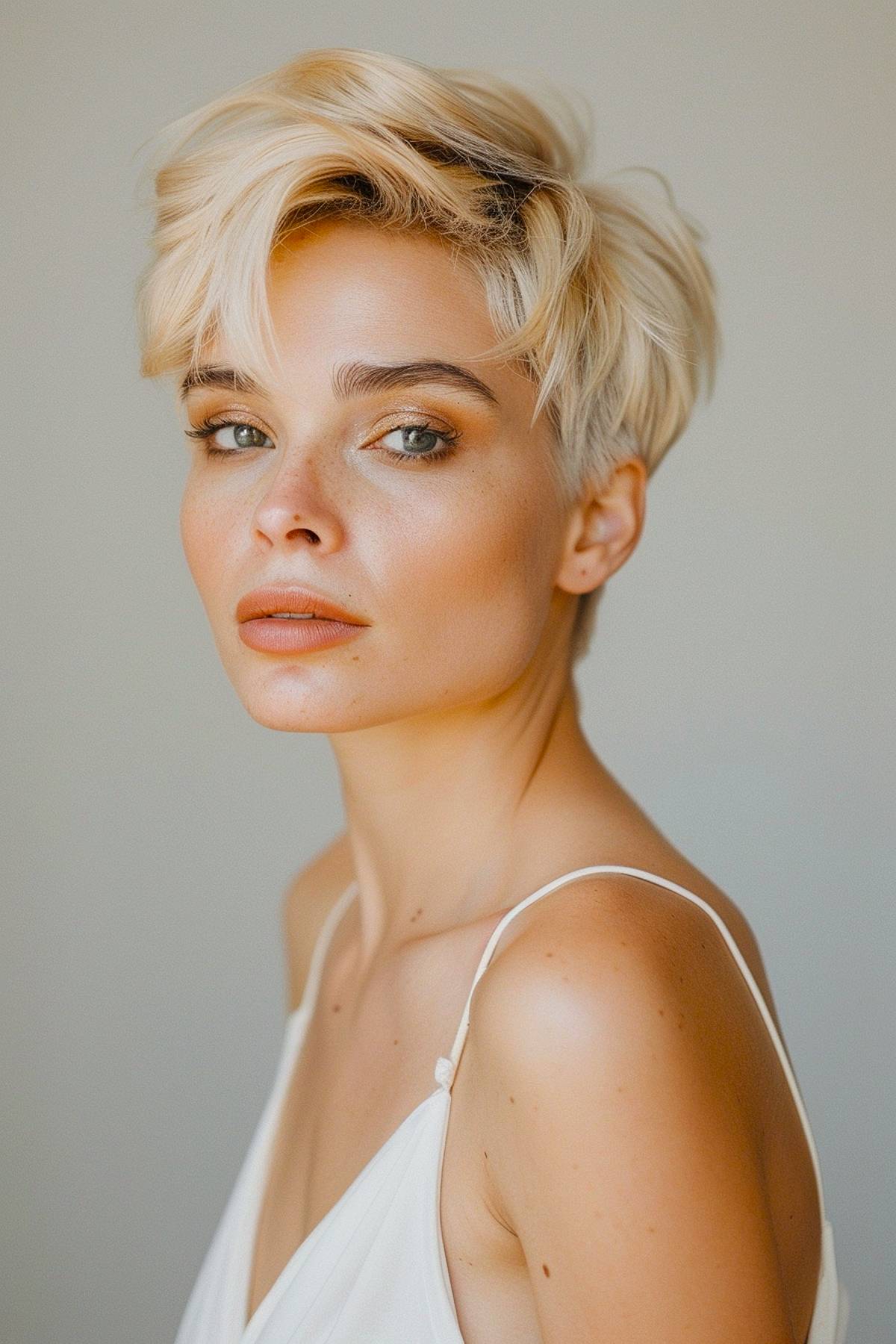 Glintcut pixie hairstyle featuring asymmetrical layers and golden blonde tones