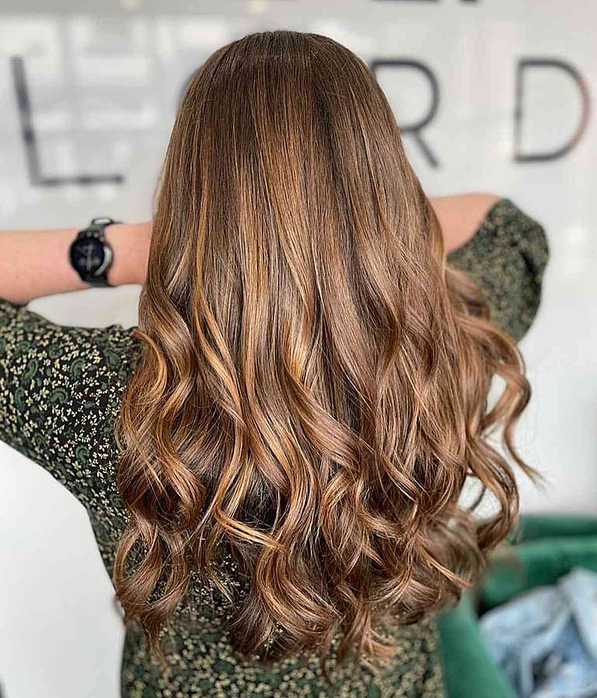 Glossy Brunette Balayage for Long-Length Curled Hair