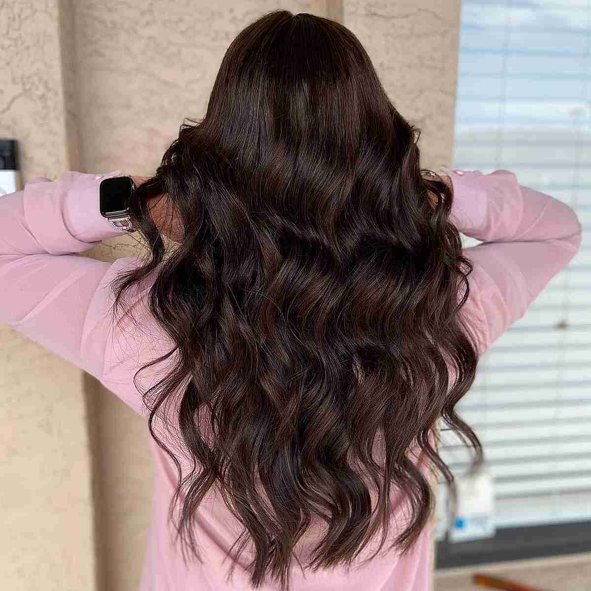 Glossy Brunette Color on Long Layered Hair
