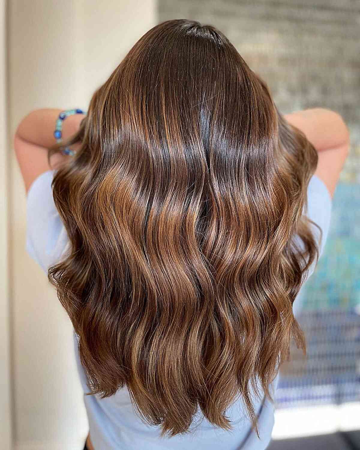 Long-Length Glossy Caramel Brown Balayage Hair