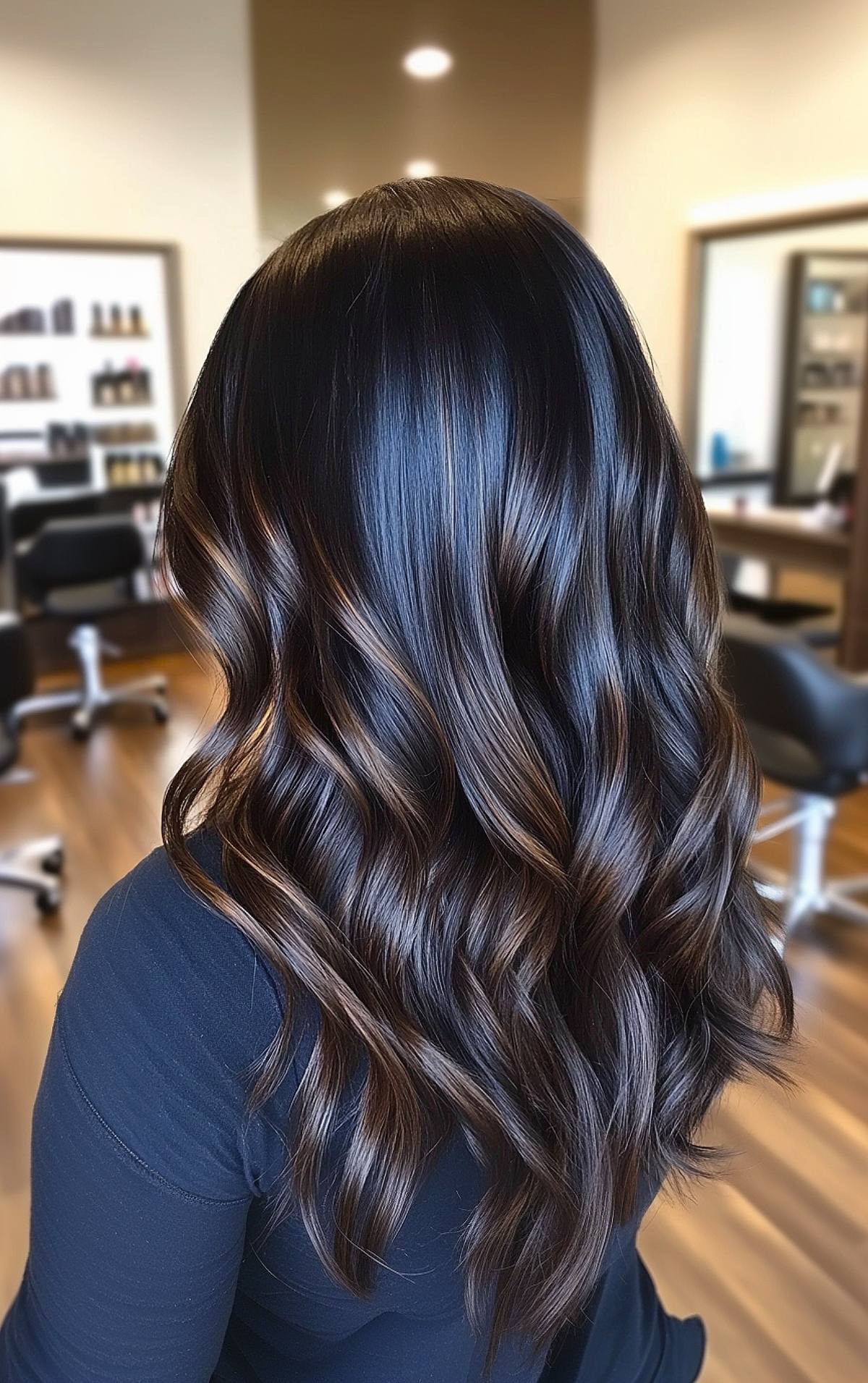 Glossy dark brown hair with caramel highlights and soft waves for added dimension