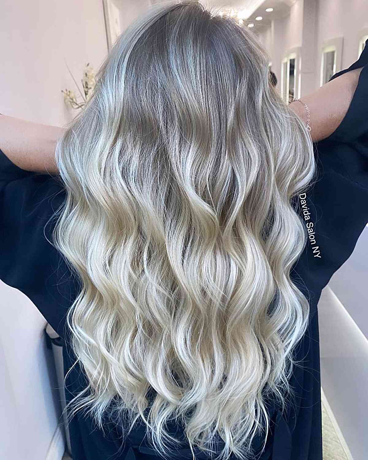 Glossy Ice Blonde Balayage with Shadow Root for Long Waves