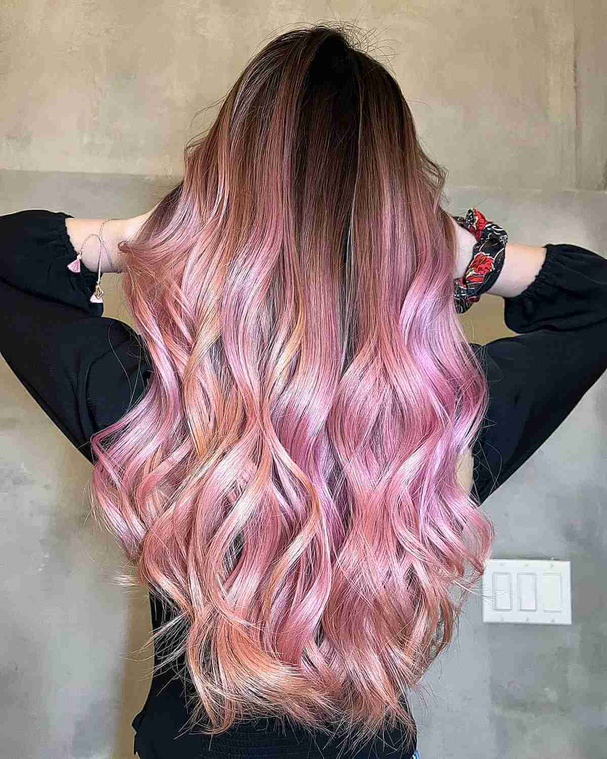 Glossy Light Pink Ombre Balayage on Brown Hair