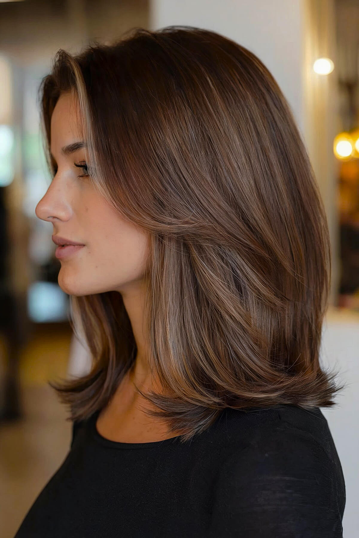 Sleek medium-length haircut with subtle layers and a polished brunette finish