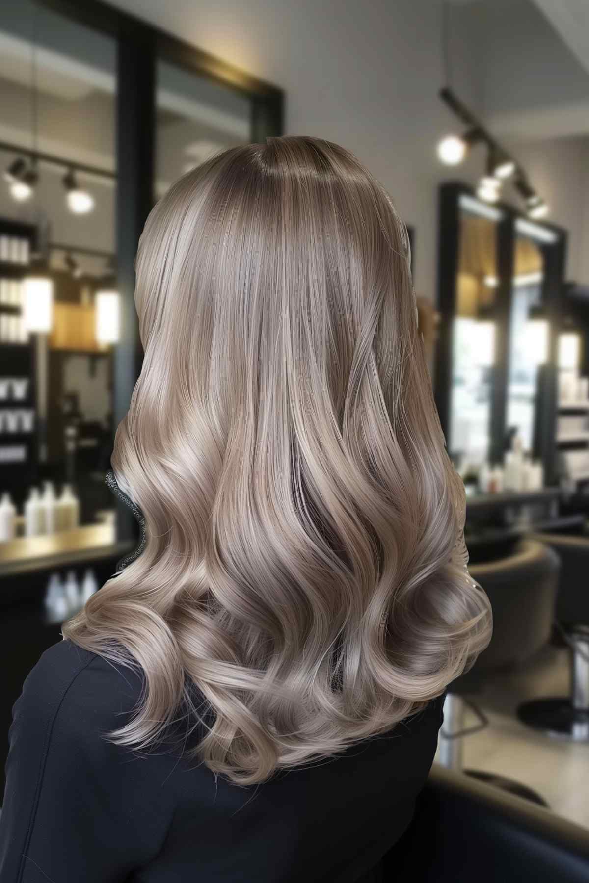 Back view of glossy mushroom blonde waves with soft curls