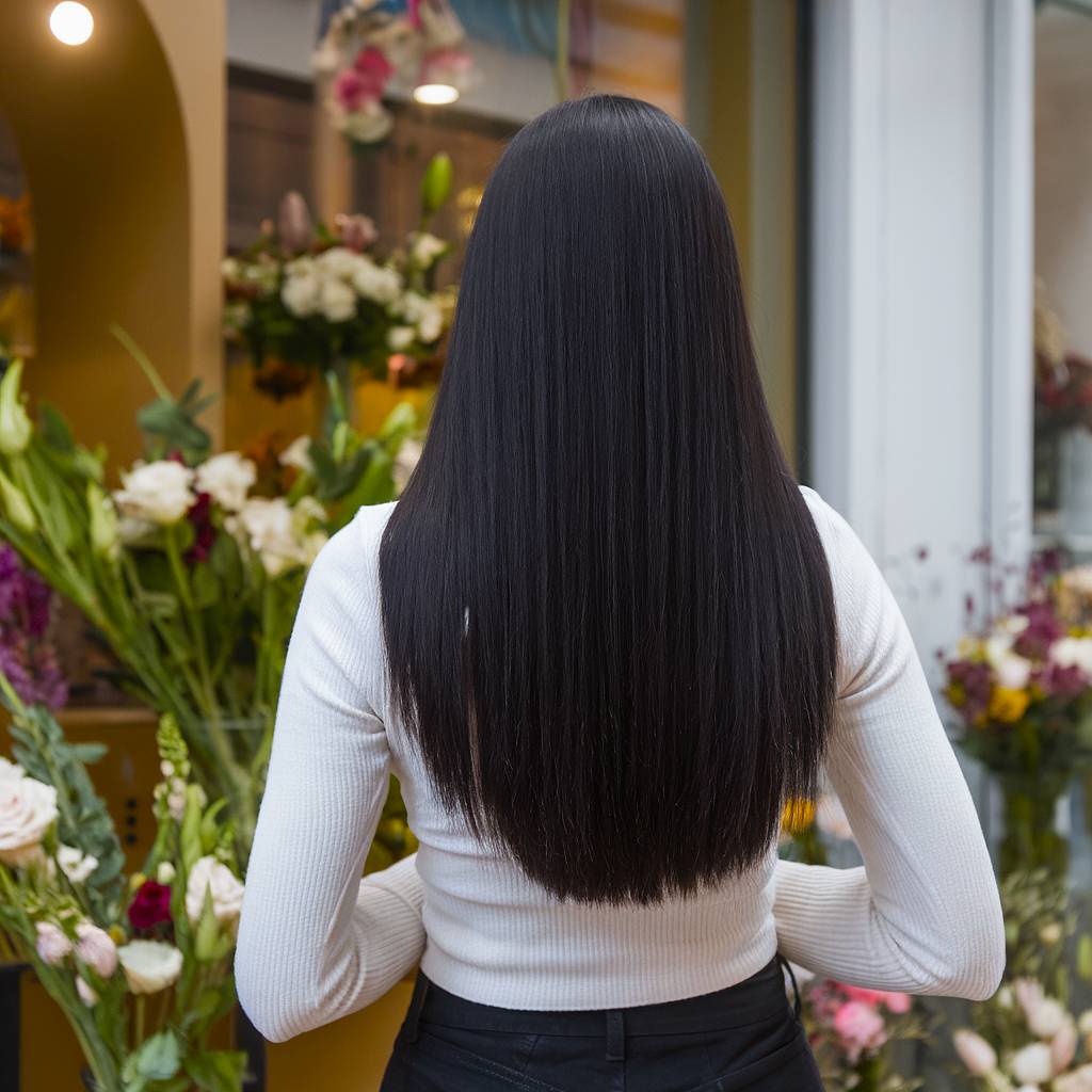 Long, sleek raven black hair with a glossy finish, offering a polished and striking spring style