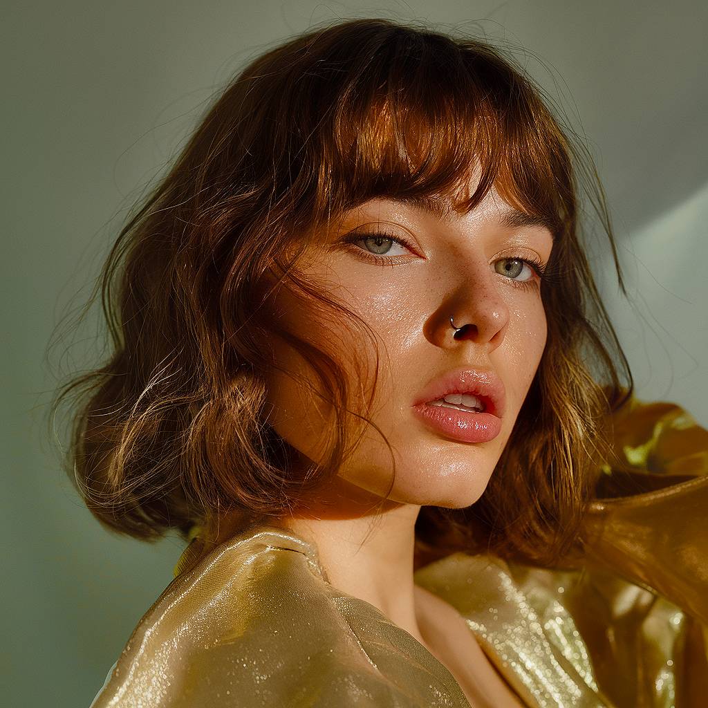 Short, tousled bob with soft, choppy bangs and rich brown tones, creating a bold yet effortless look