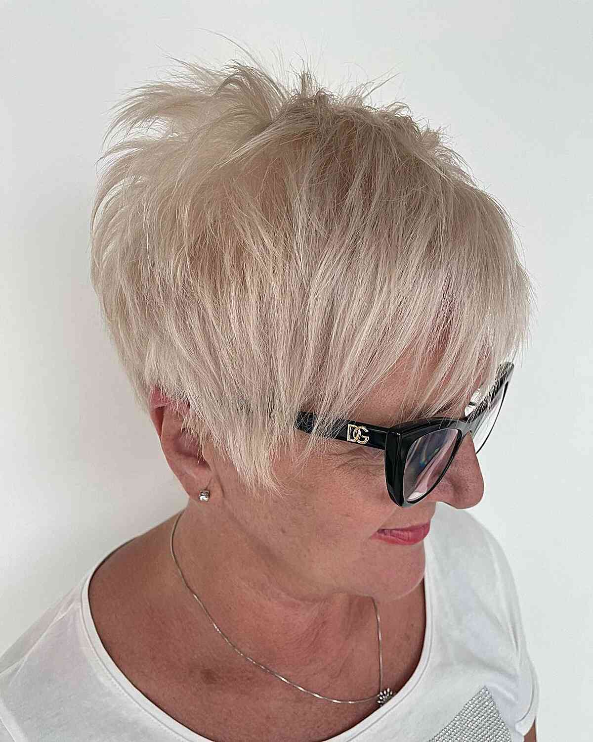 Glowing Long Pixie Cut for Women with Thinning Hair and glasses