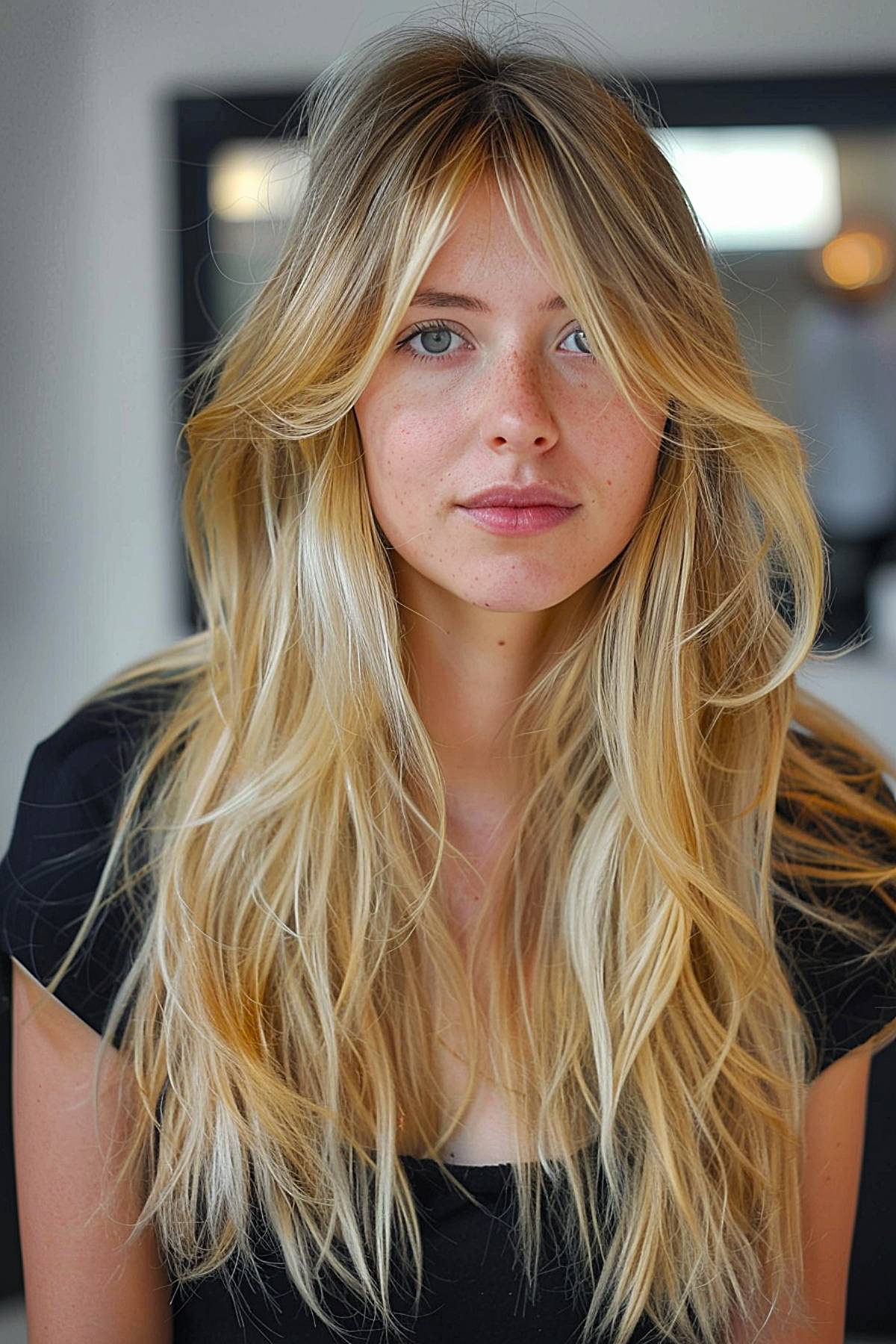 GlowShag haircut with blonde tones and cascading layers