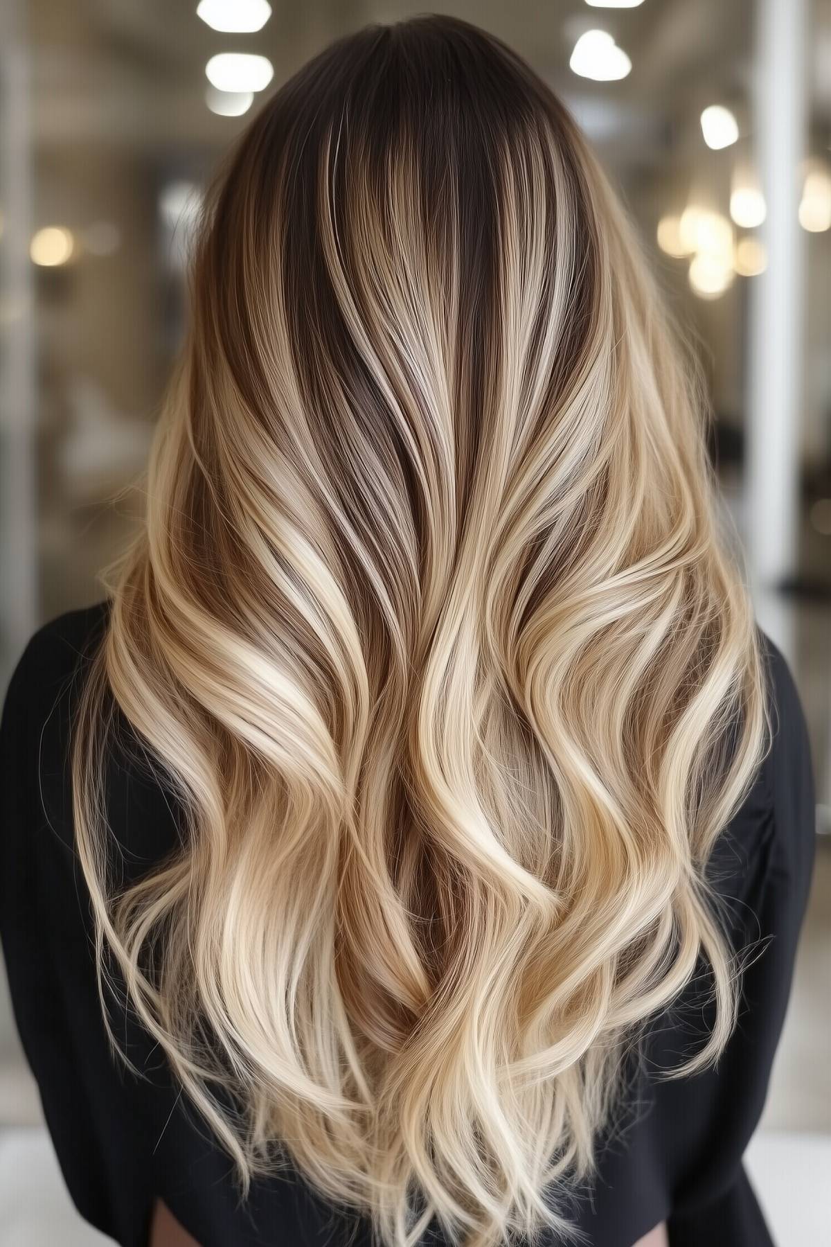 Golden blonde balayage with shadow root on long wavy hair for fall