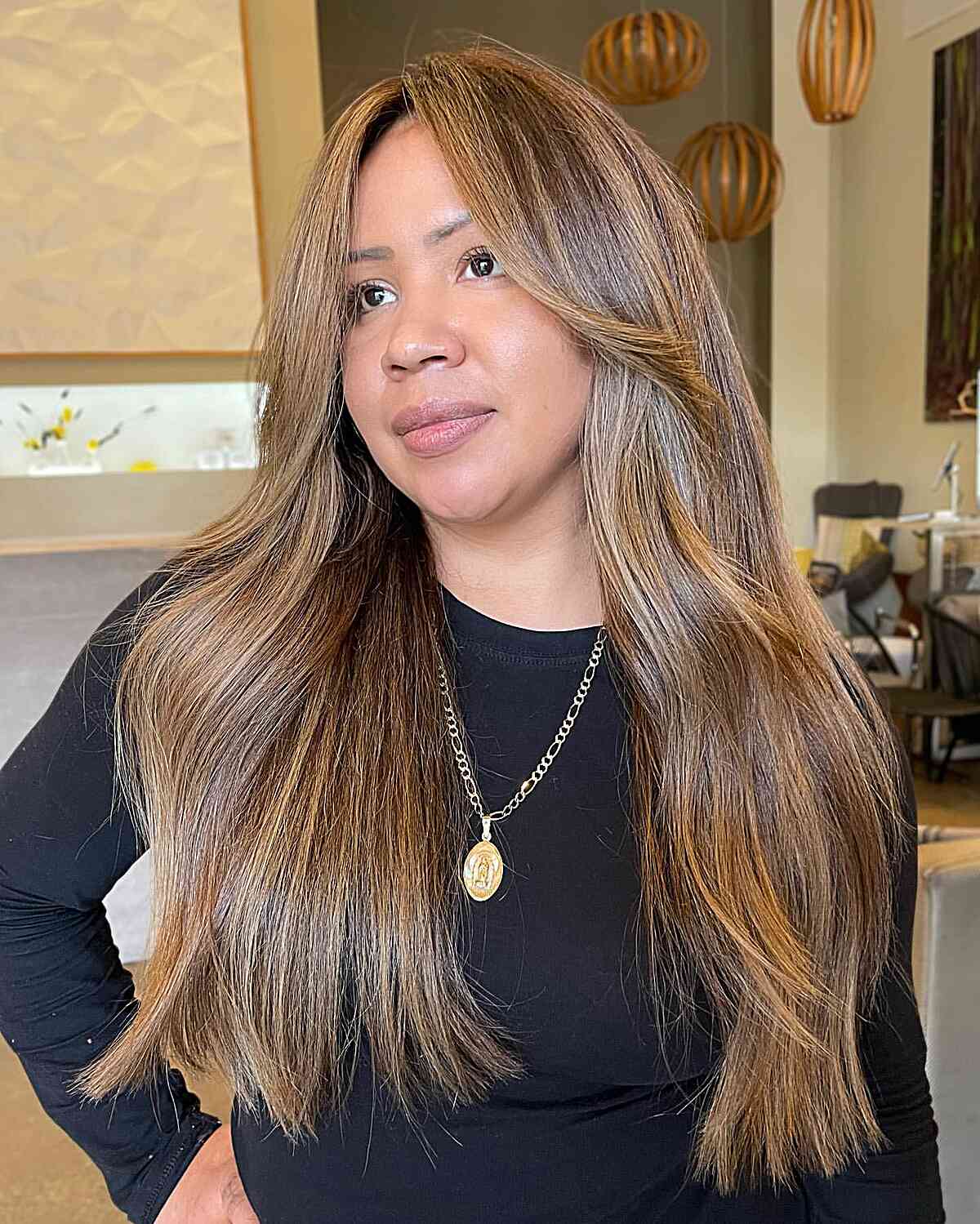 Golden Blonde Highlights for Brunette, Long Hair with Curtain Bangs