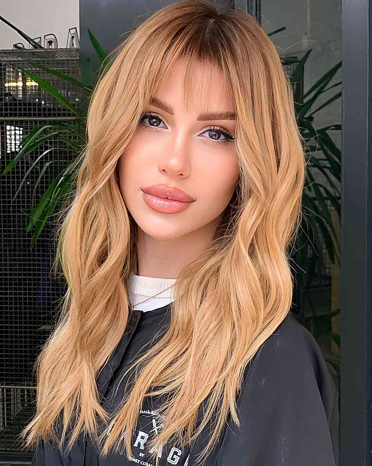 Golden Blonde Long Wavy Hair with Darker Roots for women with oval faces