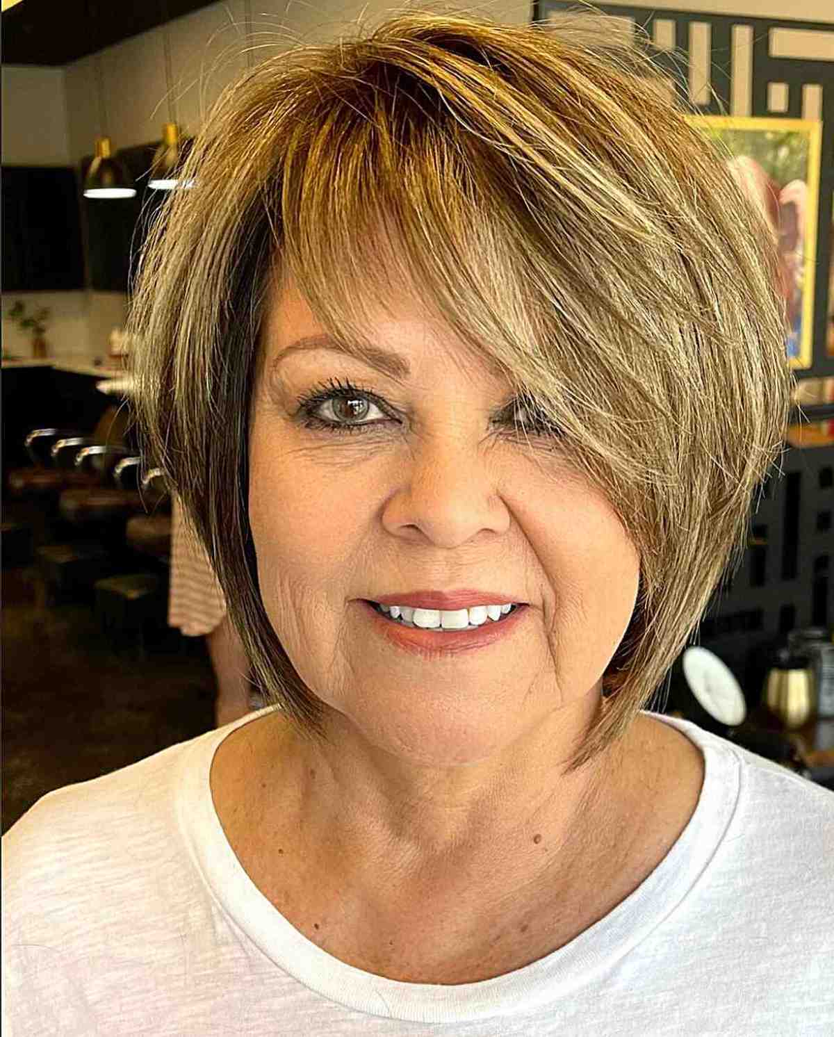 Golden Blonde Short Hair with Side-Swept Bangs for Ladies Aged 60 with Round Faces