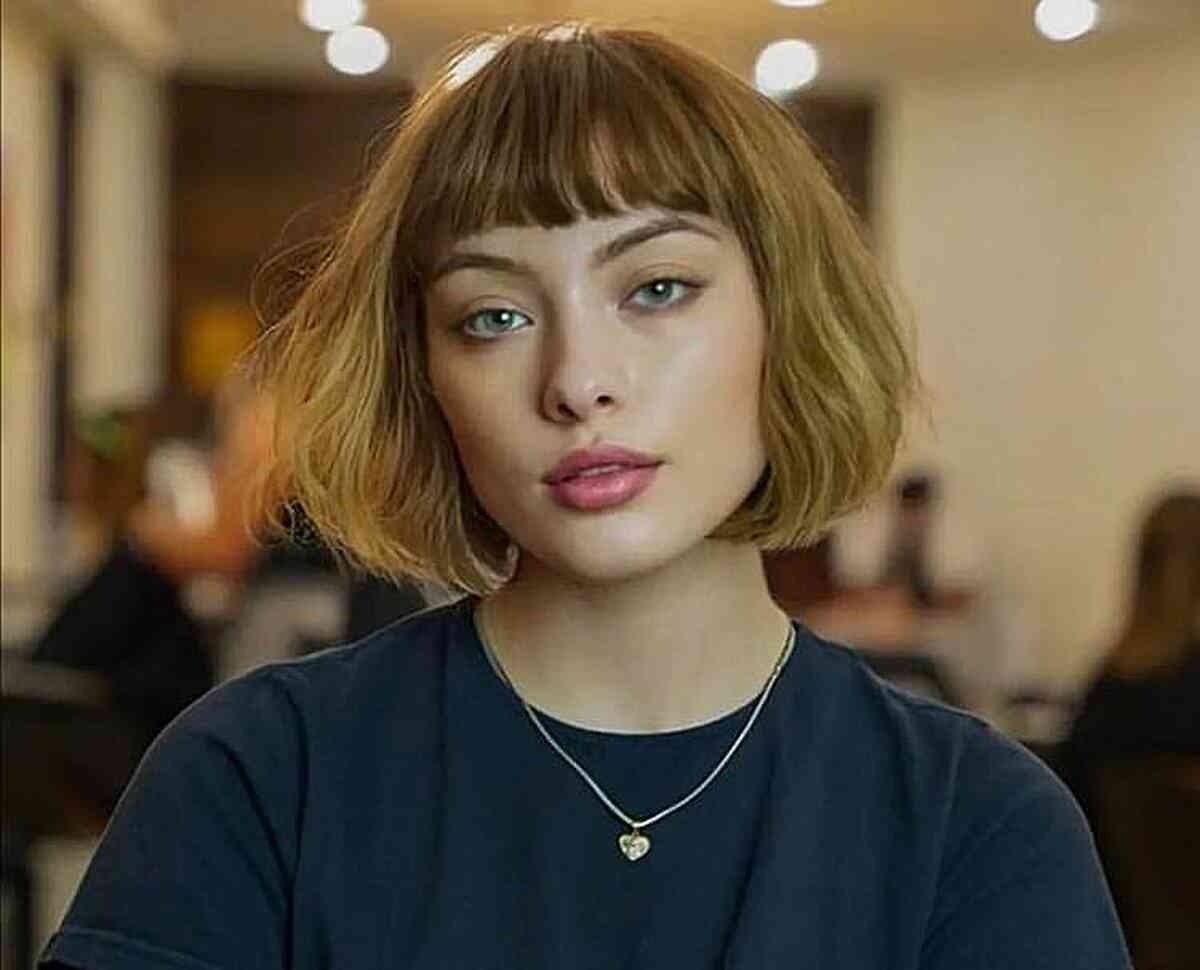 Golden Brown French Bob with Fringe for Square Faces
