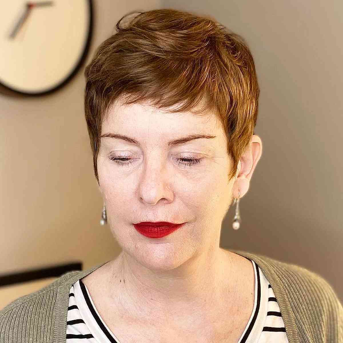 Golden Brown Wispy Pixie with Bangs for Fine Hair