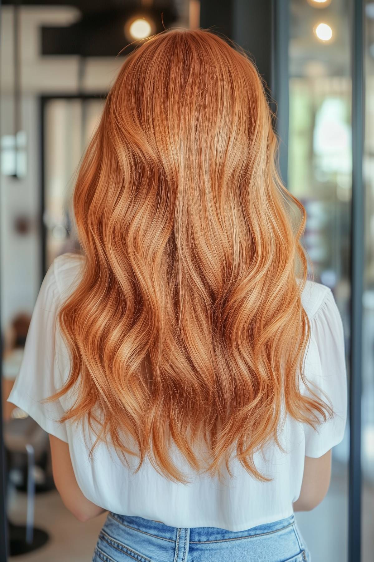 Golden copper wavy hairstyle with long flowing hair