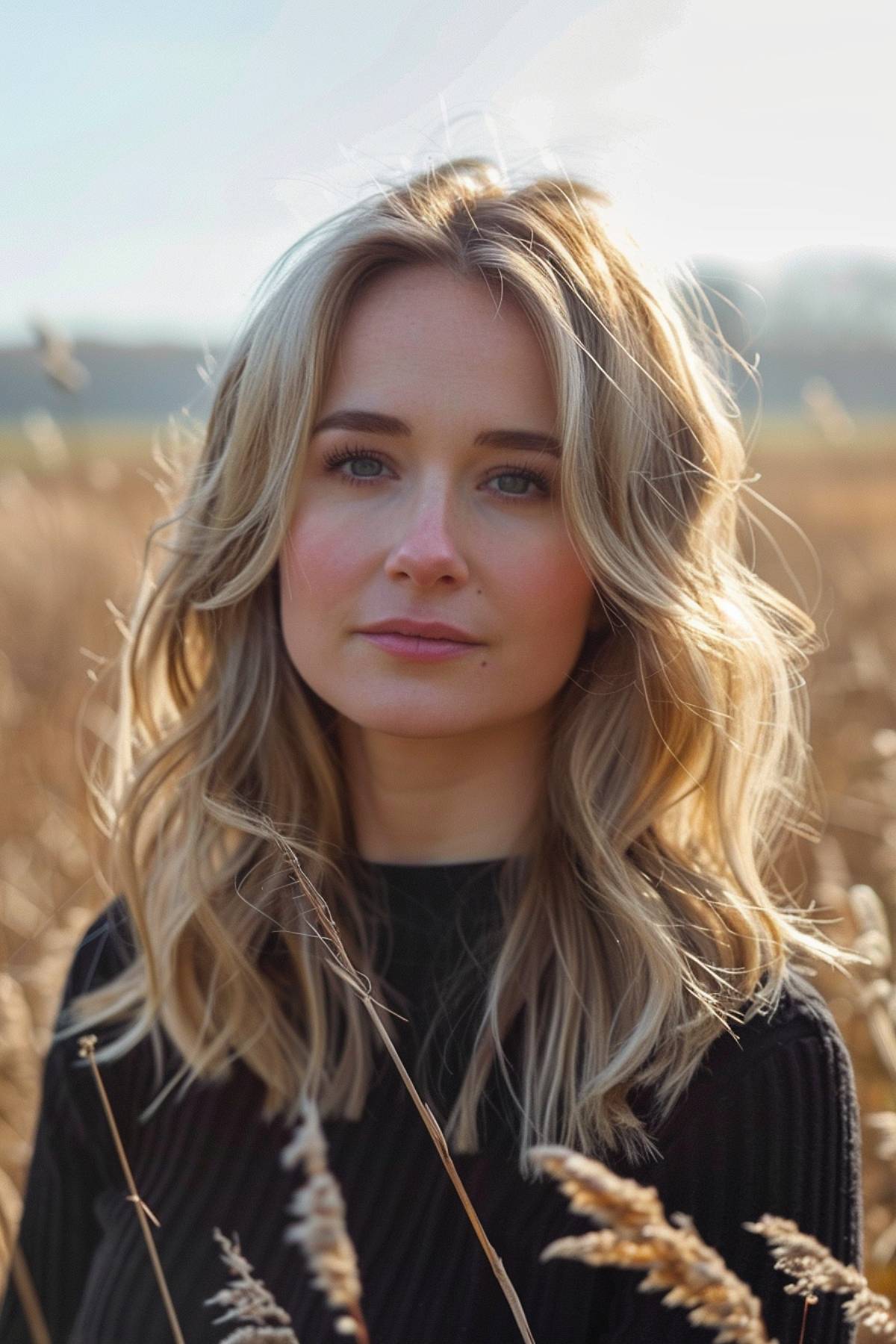 Golden drift hair color showcasing golden blonde balayage on wavy hair 