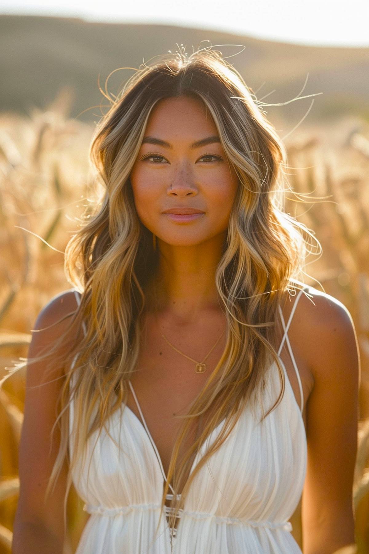 Soft cascading waves with golden blonde highlights for long hair 