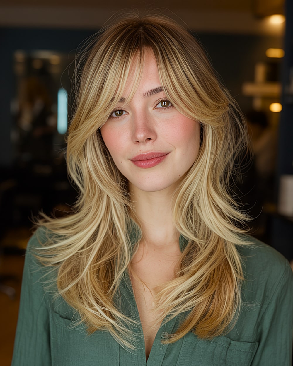 Blonde swoopy long layered haircut with curtain bangs for fine to medium hair