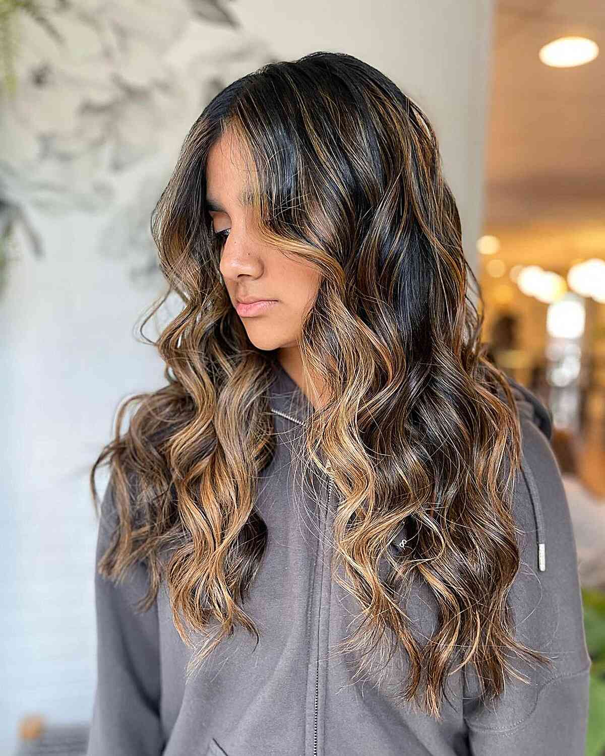 Golden Toffee Brown Balayage Highlights on Black Hair with Long Waves