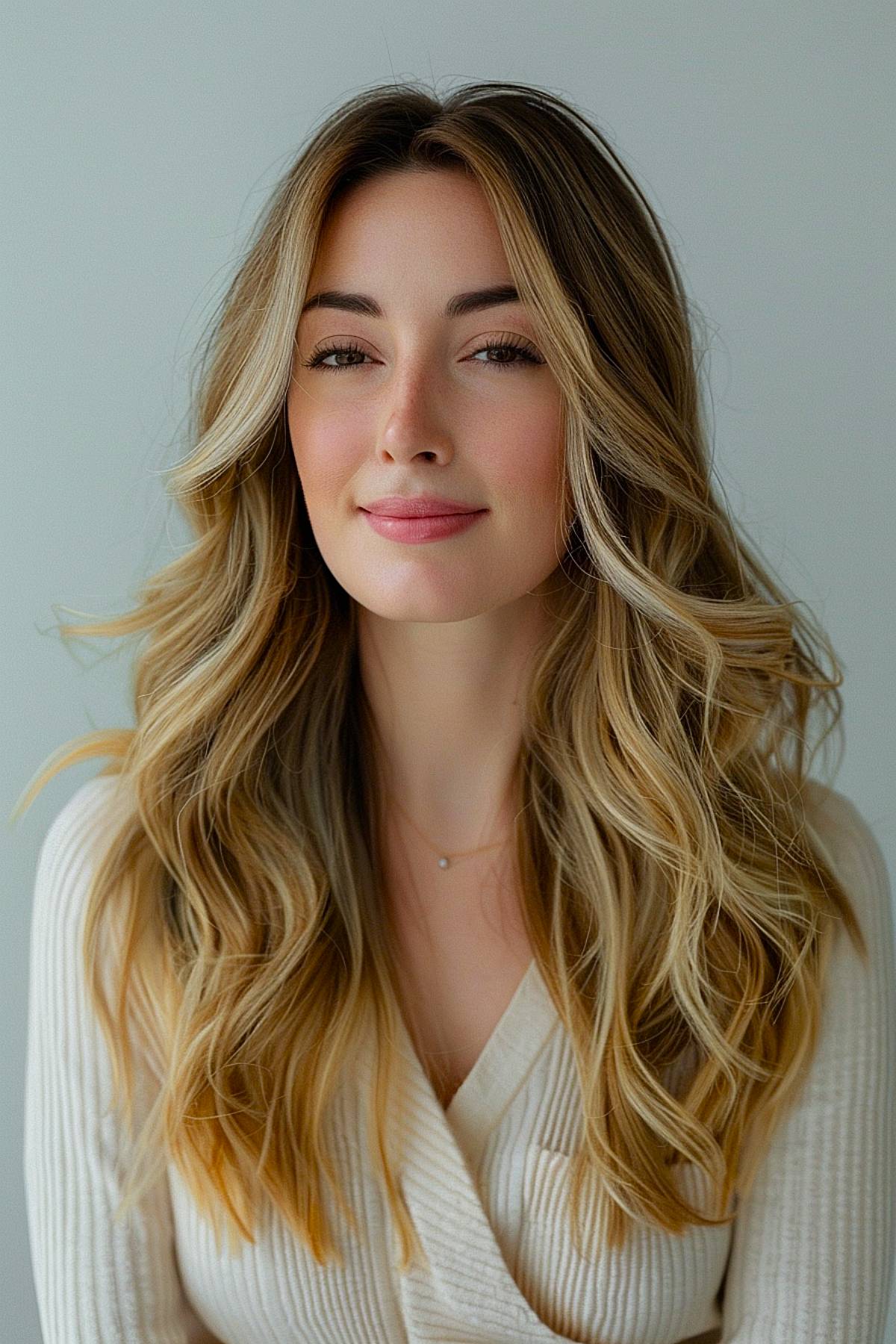 Goldenhaze hair color featuring golden blonde highlights on light brown wavy hair