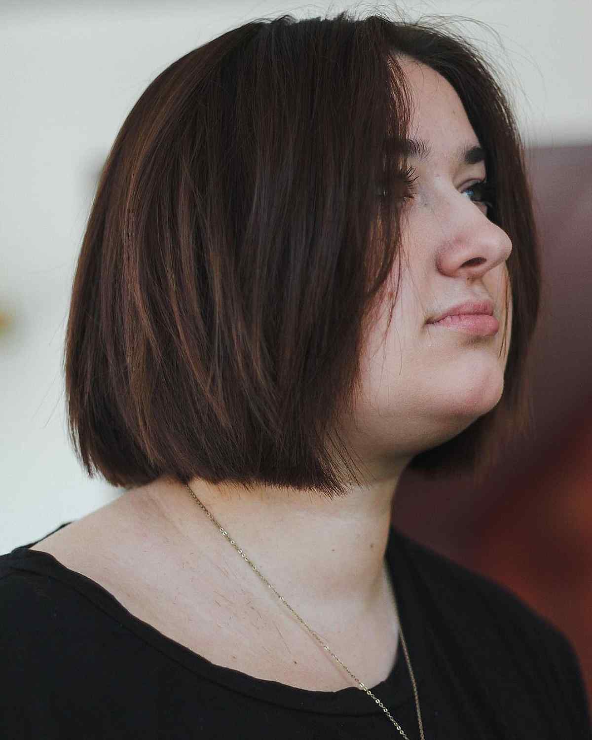 Gorgeous Brown One-Length Bob for Round Faces