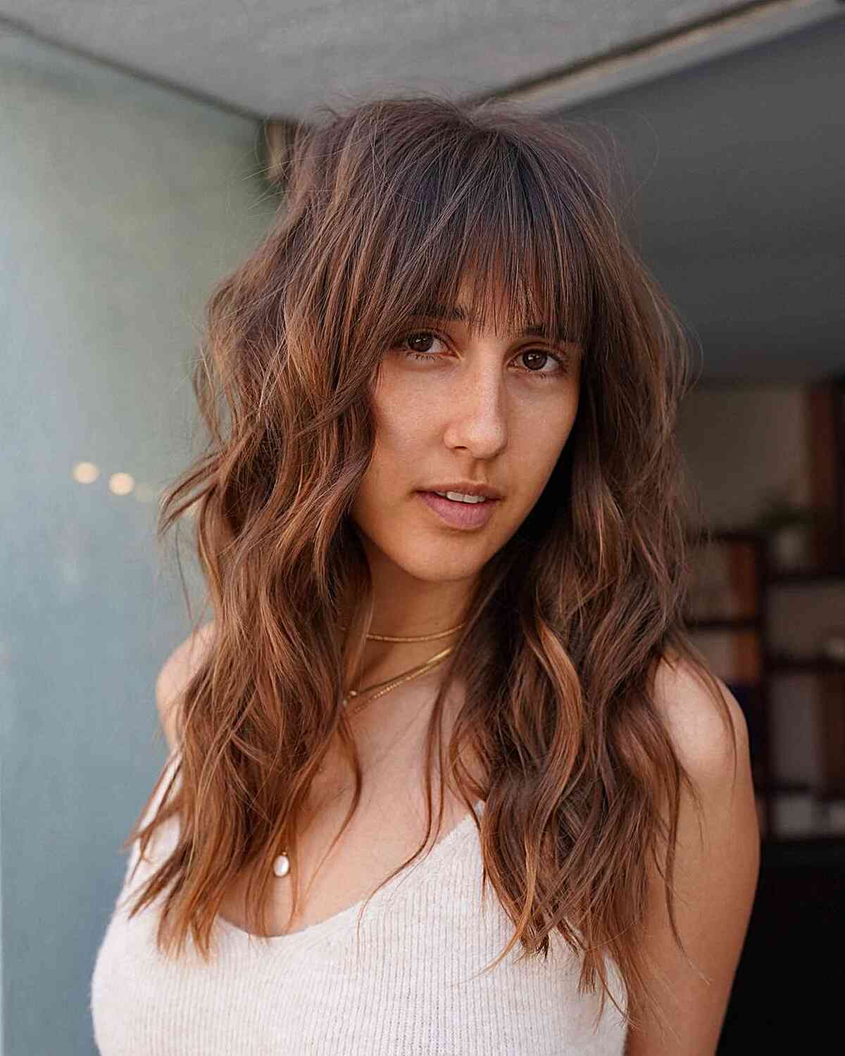 Gorgeous Light Brown Shag with Waves and bangs for long hair