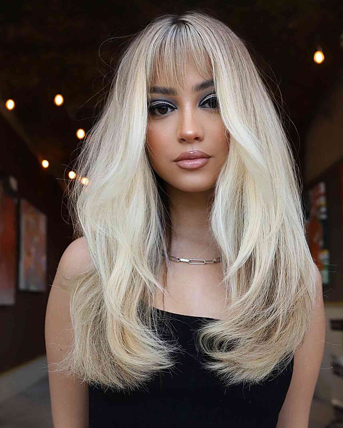 Gorgeous Long Blonde Straight Hair with Wispy Bangs for long faces
