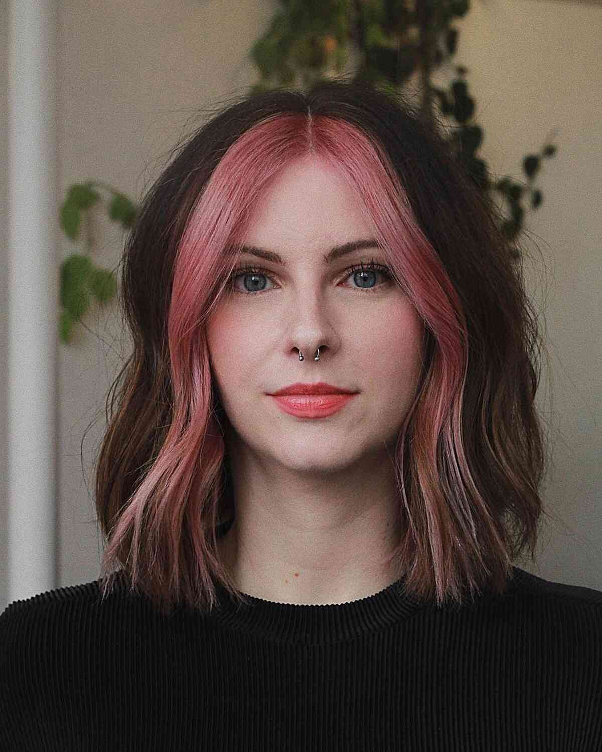Gorgeous Pink Money Piece Hair for women with an oval face and middle part