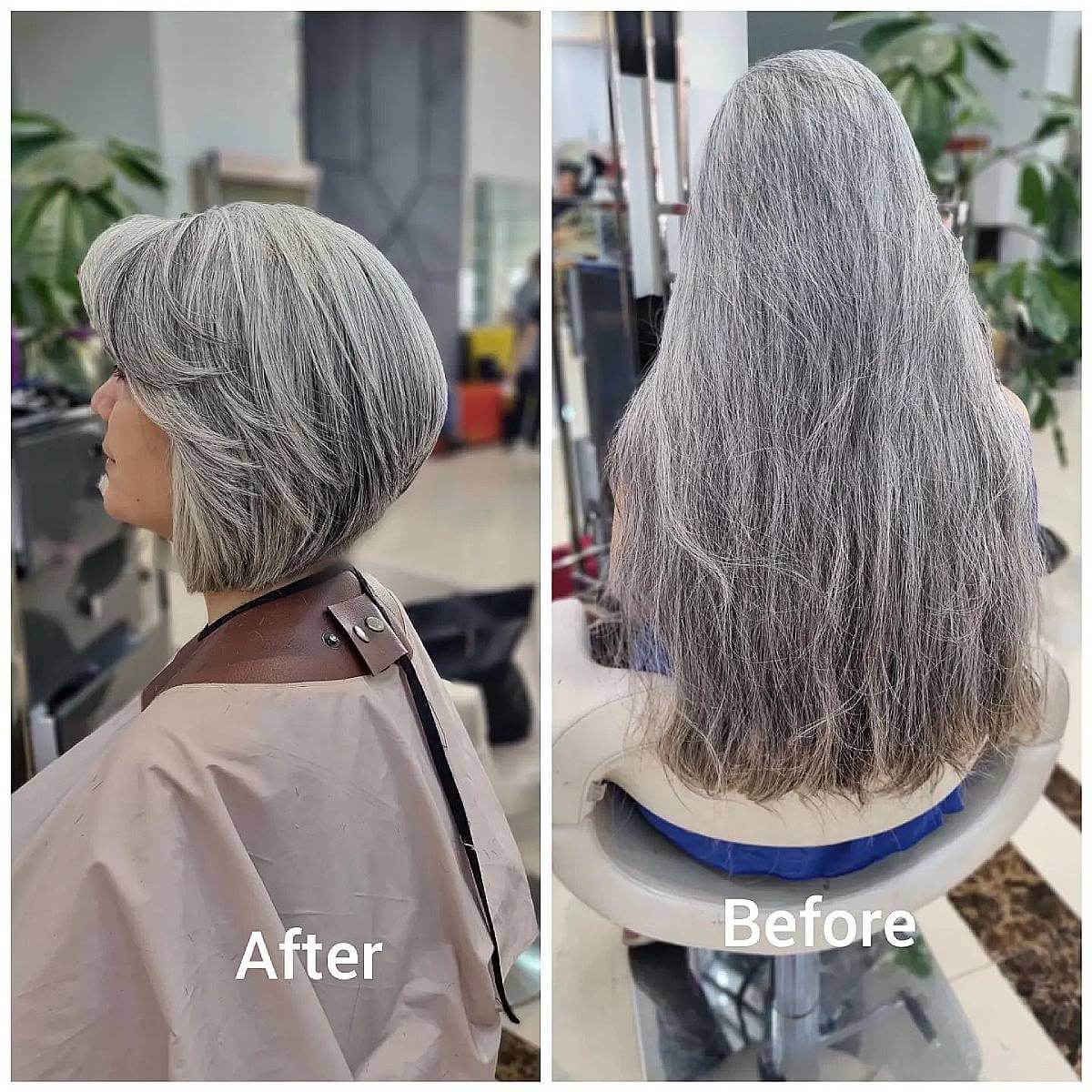 Gorgeous Salt-and-Pepper Angled Bob for 60-Year-Old Ladies