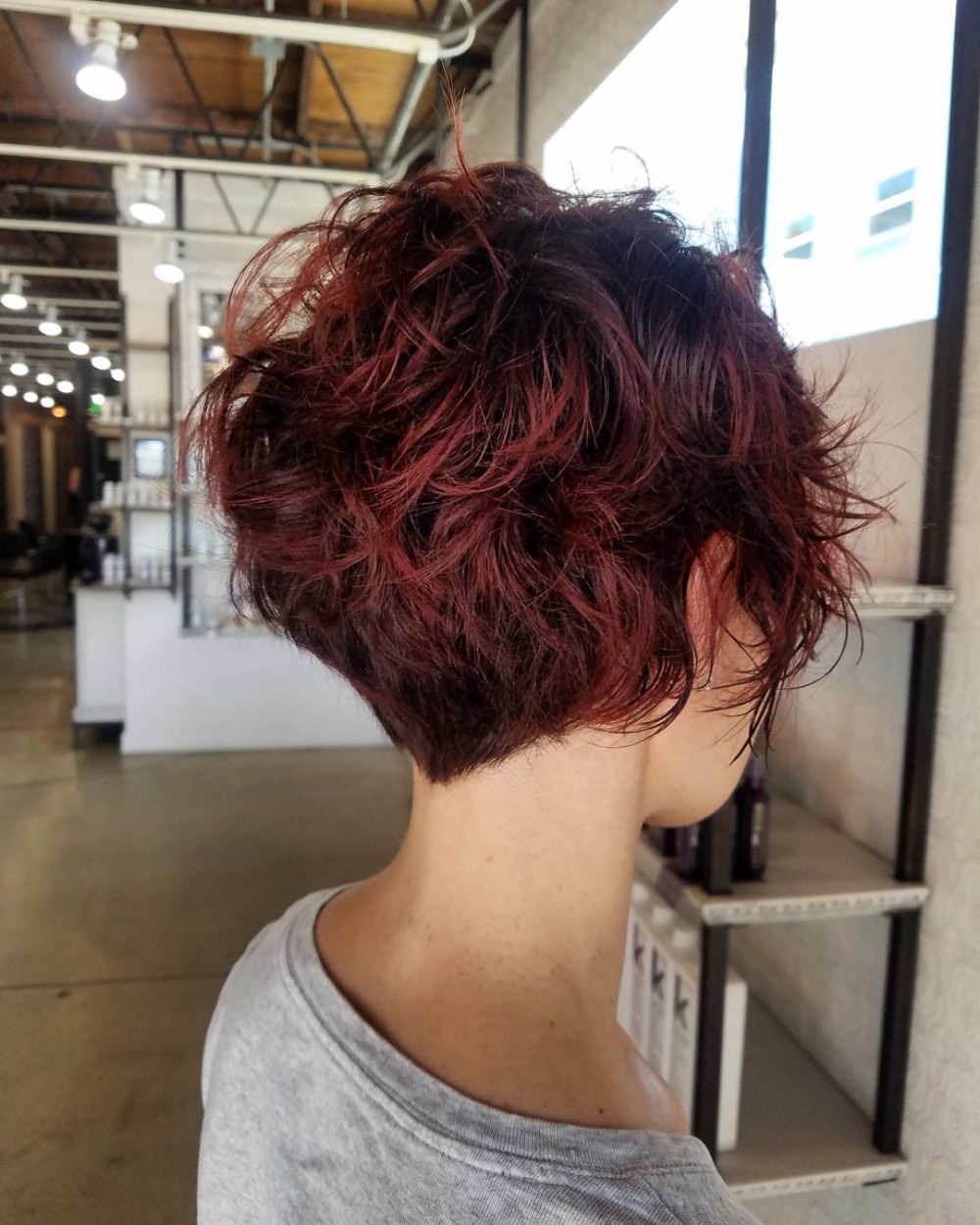 short stacked curly wedge haircut