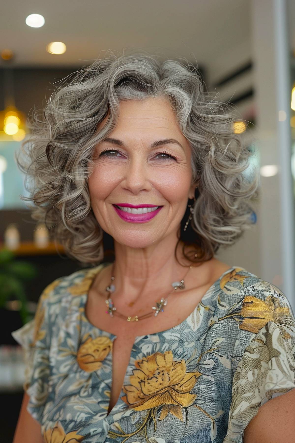 Curly lob haircut for older women with chin-length curls and versatility