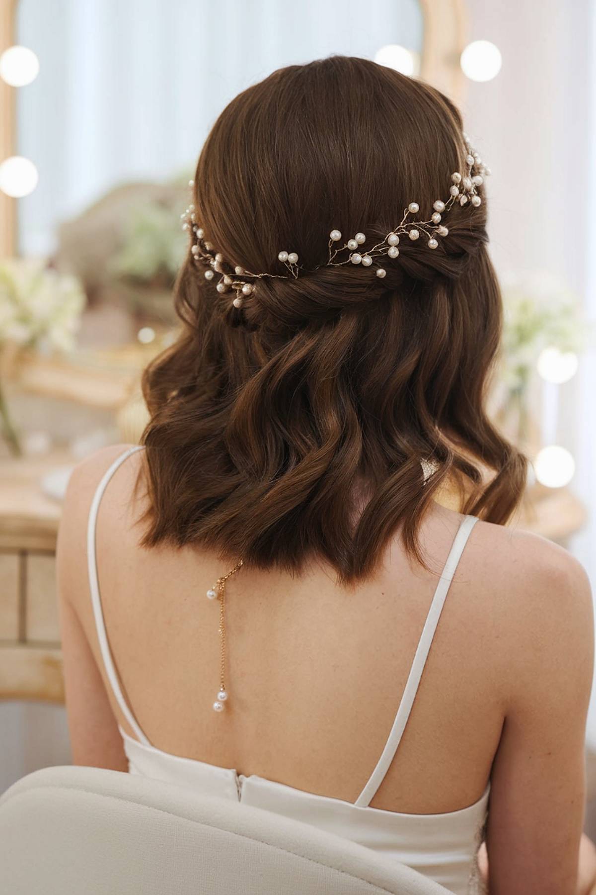 Shoulder-length half-up wedding hairstyle with pearl accents